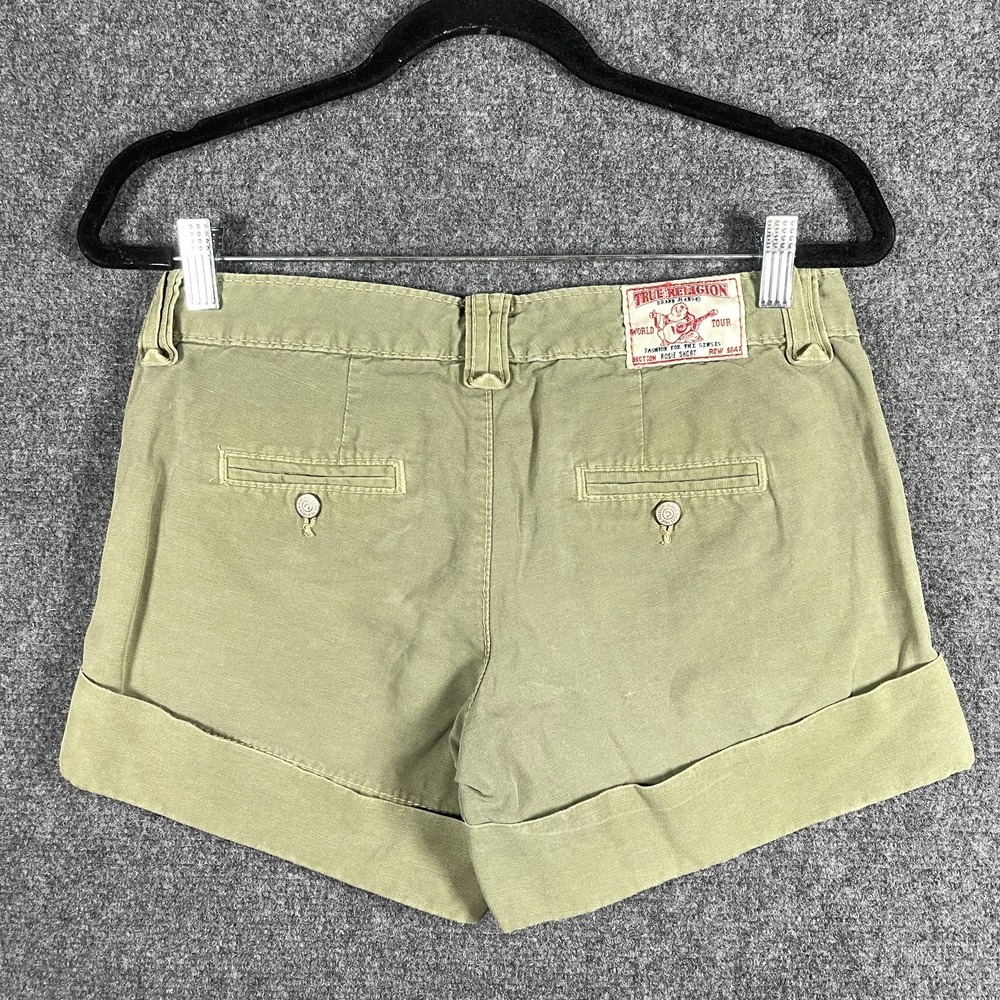 Vintage True Religion Rosie Shorts Linen Green Rolled Low Rise Womens Size 26